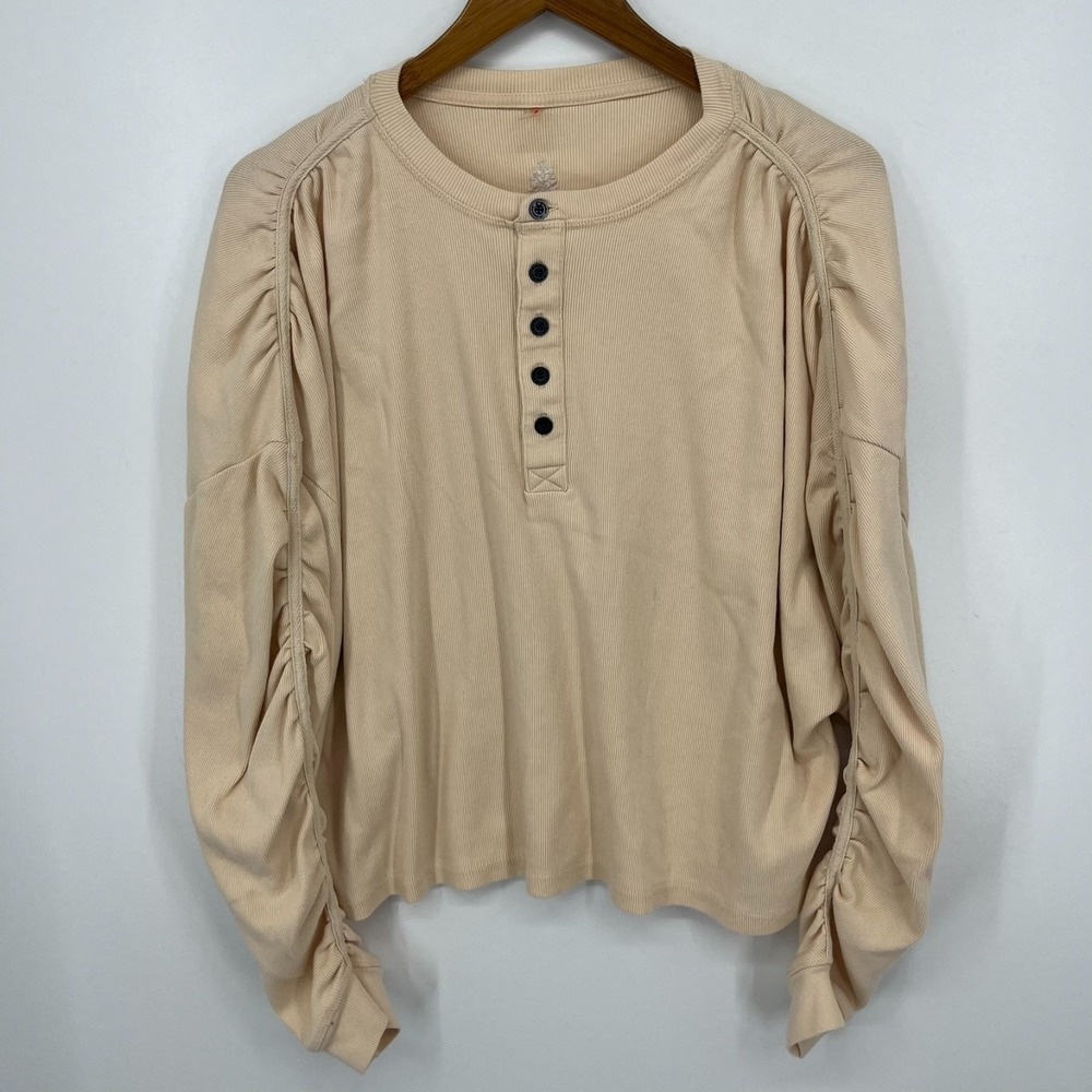 FP Movement Free People Blouse Women's XS Beige Oversized Round Neck Henley